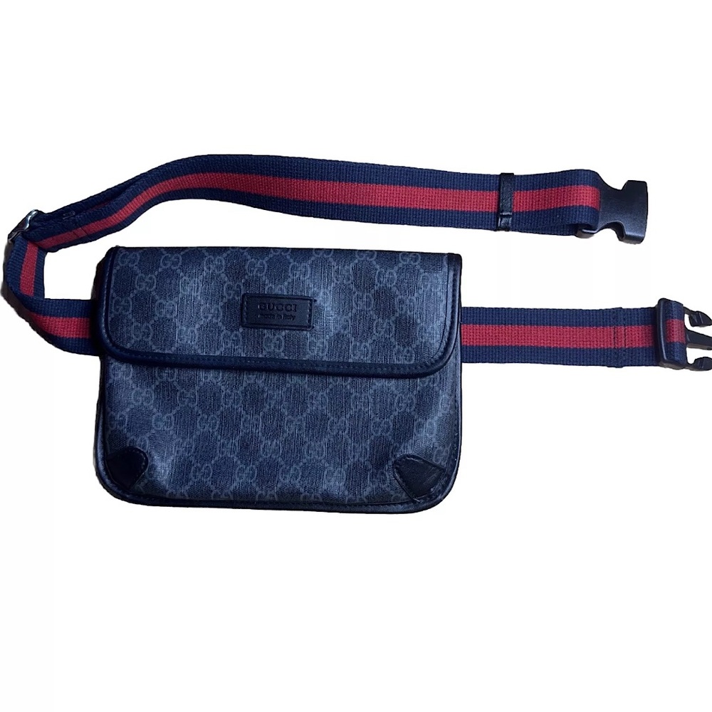 Authentic Gucci GG Supreme Canvas Belt Bag - Black/Red Web Strap